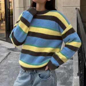 Femme pull rayé moelleux décontracté col rond manches longues mode hiver haut
