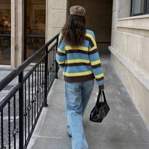 Pull femme rayé en fausse fourrure de vison, col rond manches longues pour l'automne hiver.