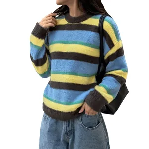 Femme Manche Longue Ample Rayé Col Rond Pull Faux Vison Polaire Tricot Automne Hiver