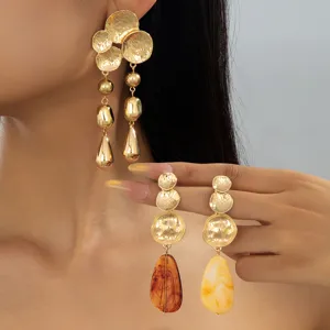 Boucles d'Oreilles Pendantes en Alliage d'Or Martelé Vintage pour Femmes Mode Double Brins Goutte d'Eau en Résine Bijoux