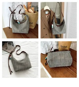 Sac à bandoulière tissé fait main pour femme cabas rétro décontracté avec lanière en cuir