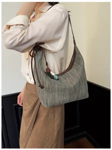 Sac à main hobo tissé à la main pour femme, fourre-tout rétro élégant avec pendentif perle.
