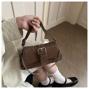 Brown stone pattern chain underarm baguette bag chic shoulder crossbody bag stylish daily purse