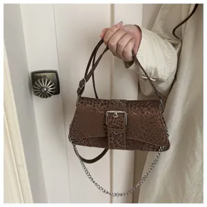 Brown animal print shoulder bag with metallic chain and buckle for women chic daily style