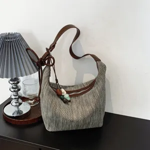 Sac Fourre-Tout Tissé à la Main Rétro pour Femmes Grande Capacité Minimaliste en Tissu Sac à Épaule Avec Sangle en Cuir Quotidien
