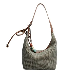 Sac à épaule tissé pour femmes, sac cabas rétro tendance avec lanière en cuir et joli décor.