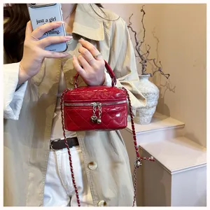 Red quilted patent leather mini chain shoulder crossbody bag for women chic fashion