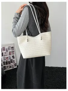 Borsa a shopper intrecciata bianca da donna elegante borsa a spalla grande capacita