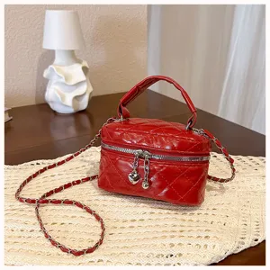 Red quilted mini chain bag, stylish crossbody shoulder bag for women, perfect for lipstick.