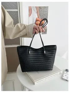 Borsa tote nera intrecciata da donna, elegante borsa a spalla minimalista in pelle sintetica.