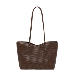 Borsa tote da donna in pelle intrecciata marrone, grande capacità borsa a spalla per lavoro.