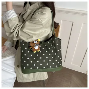 Borsa a tracolla vintage a pois da donna, borsa casual autunnale invernale con pendente orsetto.