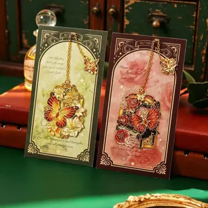 Exquisite vintage butterfly metal bookmark with oil painting card, elegant student gift.