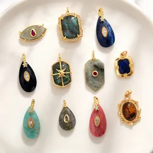 Pendentif Goutte d'Eau Géométrique en Pierre Naturelle Cuivre Plaqué Or Labradorite Œil de Tigre Mauvais Œil Cœur Charm pour Fabrication de Bijoux DIY Accessoires de Collier