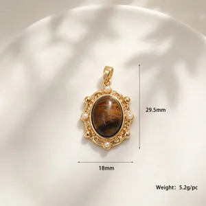Pendentif ovale en œil de tigre vintage plaqué or baroque gemme bijou DIY accessoire