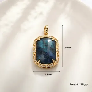 Pendentif rectangulaire en pierre de labradorite naturelle vue détaillée avec dimensions précises.