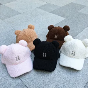Casquette de Baseball en Laine d'Agneau Brodée Oreilles d'Ours Bonnet Snapback en Polaire Chaude Hiver pour Femmes Hommes Style Japonais Décontracté