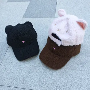 Casquette de Baseball en Laine d'Agneau pour Femmes Oreille d'Animal Mignonne Cœur Brodé Chapeau d'Hiver Chaud Ajustable