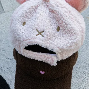 Joute casquette de baseball oreilles de lapin en peluche, bonnet d'hiver chaud en laine d'agneau brode.