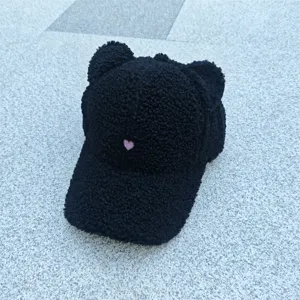 Casquette de Baseball Sherpa Noire Mignons Oreilles d'Ours Duveteuse Chaud Chapeau d'Hiver