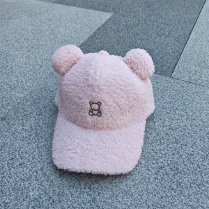Casquette de baseball rose en laine d'agneau avec oreilles d'ours chapeau chaud d'hiver