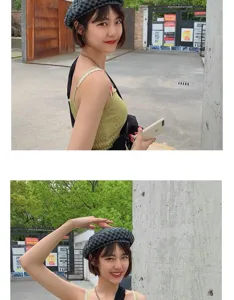 Boina a cuadros retro japonesa para mujer, sombrero de pintor de verano transpirable, gorro suave.