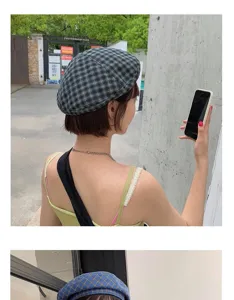 Boina de cuadros estilo retro japonés para mujer, sombrero de pintor de verano fino, accesorio.
