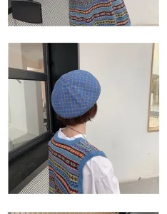 Boina de cuadros retro japonesa verano fino transpirable sombrero pintor detalle mujer.