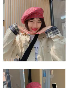 Boina de cuadros rojos vintage japonesa para mujer, elegante sombrero octogonal de verano.