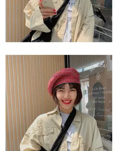 Disparo detallado de boina de cuadros rojos retro japonesa para mujer, estilo bonito y casual.