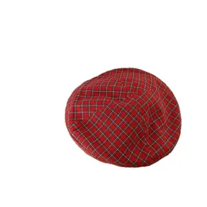 Boina a cuadros rojos para mujer, sombrero de pintor octogonal estilo retro japonés.