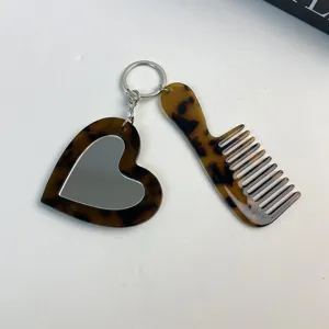 Acetate tortoise shell heart mirror comb keyring minimalist bag pendant cute accessory keychain