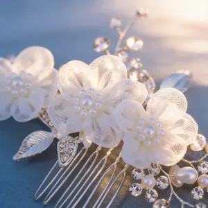 Braut Blumen Strass Haarkamm Detail mit Perlen und Mesh Blüten für Hochzeit Styling.