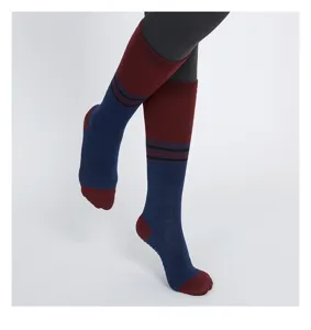 Autumn winter mid-calf yoga socks with non-slip grip dots, stylish color block stripes design.