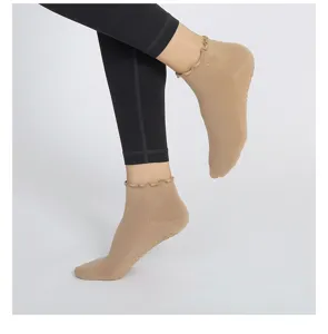 Detail view of women summer thin non-slip yoga socks with lace cuff and silicone grip dots.