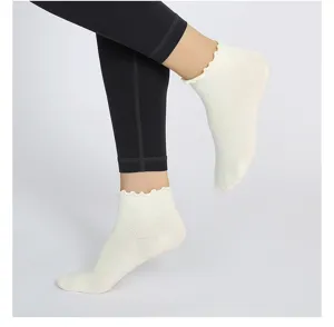 Detail view of women summer thin breathable white ruffles ankle yoga socks, soft fabric.