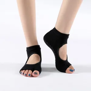 Non-slip yoga socks open heel toeless toe separator fitness pilates dance socks black color