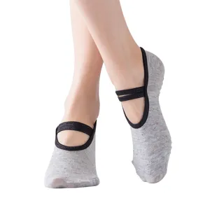 Ballet non-slip yoga socks for women, breathable open back strap design, comfortable grey fitness socks.