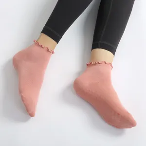 Women summer pink ruffle grip yoga socks, breathable anti-slip athletic socks for indoor floor.