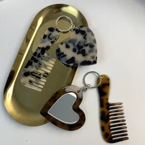 Cellulose Acetate Heart Mirror And Comb Keychain Portable Bag Pendant Minimalist Cute Key Ring For Women And Men
