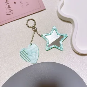 Cute mint green acrylic heart comb and star mirror keychain aesthetic bag charm accessory