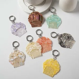 Portable Mini Acetate Shell Comb Keychain Pearly Marble Pattern Bag Pendant Cute Hair Comb Key Ring Fashion Accessories