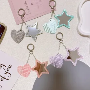 Cute acrylic marbled heart comb and star mirror keychain set, stylish bag charm pendant accessory.