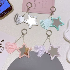 Acrylic heart comb and star mirror keychain set, cute bag charm and accessory for daily use.