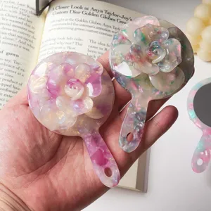 Korean style 3D flower handheld mirror portable cute rose acetate makeup mirror vanity compact