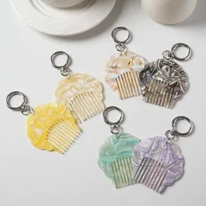 Portable mini acetate seashell comb keychain, stylish pearl marble pattern bag pendant.