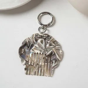 Portable mini acetate shell comb keychain, pearlescent marble pattern bag pendant charm.