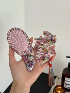 Acetate hair comb set featuring a massage cushion brush and a cute pony fine-tooth comb.