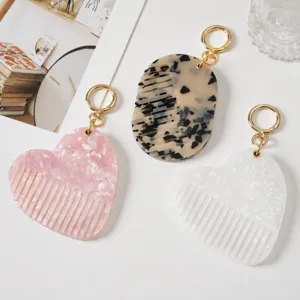 Portable Acetate Folding Mirror Comb Keychain Cute Heart Leopard Print Hair Comb Pocket Compact Mirror Key Ring Women