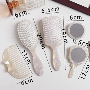 Acetate hair brush comb and makeup mirror set detail view showcasing product dimensions.
